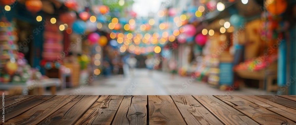 Wooden tabletop with a blurry background of colorful decorations Wooden tabletop with a blurry background of colorful decorations