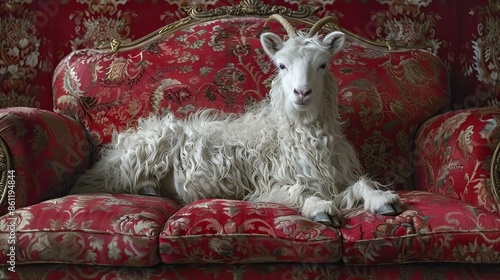 Angora goat posing on red vintage couch photo