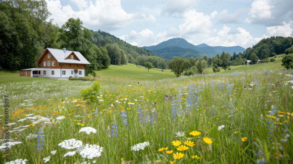 Fototapeta premium Wooden house by Lush green meadow with wildflowers in full bloom