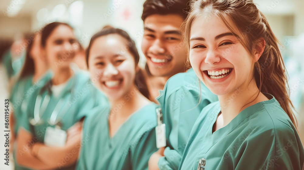 Portrait of a Diverse Group of Smiling Young Medical Students and Nurses Standing Together in a Hospital Environment Representing the Healthcare Profession Education and Teamwork Portrait of a Diverse Group of Smiling Young Medical Students and Nurses Standing Together in a Hospital Environment Representing the Healthcare Profession Education and Teamwork