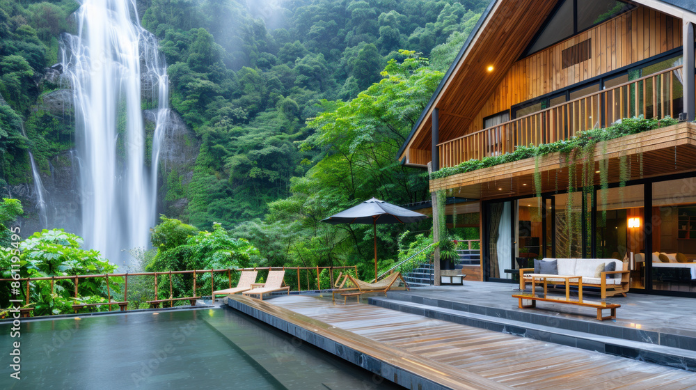 Fototapeta premium Wooden house by a natural river and waterfall with fresh green plants