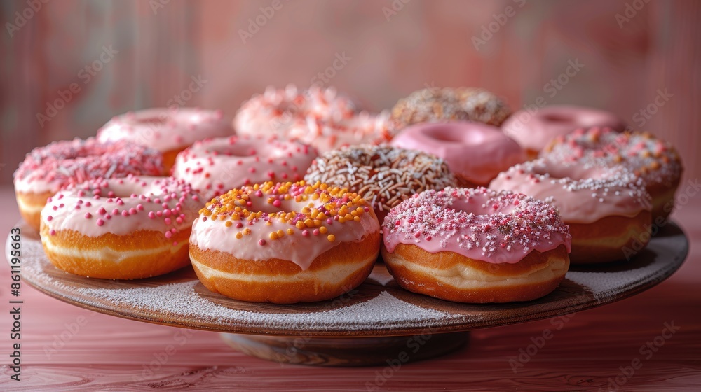 Vector image of a selection of donuts with different frosting and toppings on a display stand. Vector image of a selection of donuts with different frosting and toppings on a display stand.