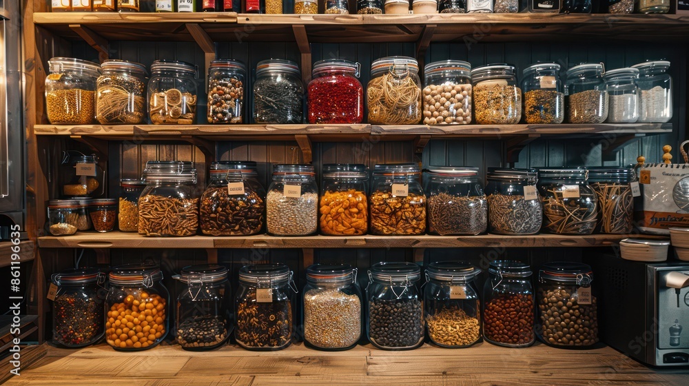 Pantry cluttered with jars and labels. Pantry cluttered with jars and labels.