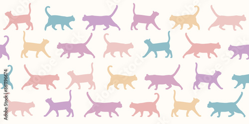 Colorful seamless repeating cat backgorund, vector wallpaper