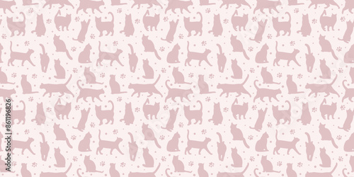 Pink cat vector pattern backgorund, cute pet wallpaper design seamless repeat