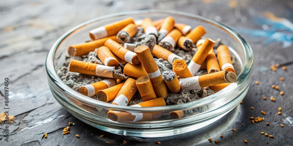 Desolate ashtray filled with cigarette butts on World No Tobacco Day, Unhealthy, addiction, habit, smoke, cessation, lifestyle, addiction, lung cancer, health, concept, quit, unhealthy