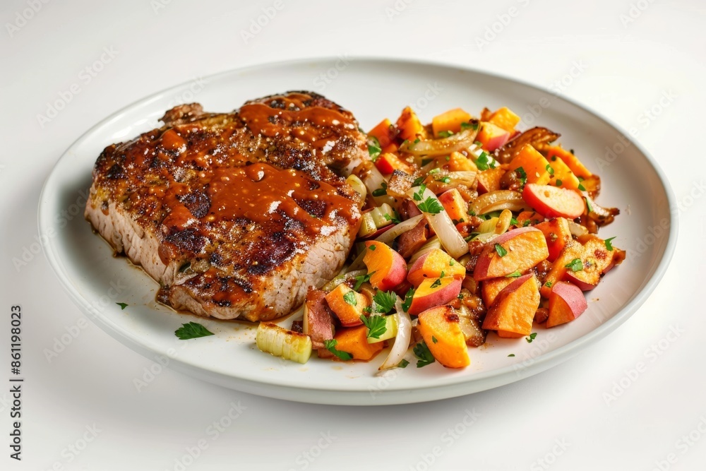 Wholesome Carolina Pork Tenderloin with Tangy Peach BBQ Sauce and Crispy Sweet Potato Hash Browns in Skillet Pan Wholesome Carolina Pork Tenderloin with Tangy Peach BBQ Sauce and Crispy Sweet Potato Hash Browns in Skillet Pan