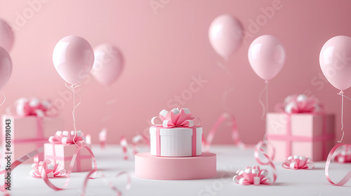 3D render window and balloon with white podium in pink background texture, 3d render, primitive shapes, abstract geometric wall, cylinder podium, modern minimalistic, pink, luxury, blank template 