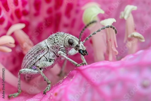 Vinel weevil on edge of pink flower. photo