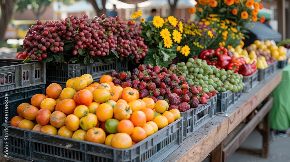 A vibrant summer market with vendors selling fresh produce, flowers, and handmade goods. A vibrant summer market with vendors selling fresh produce, flowers, and handmade goods.