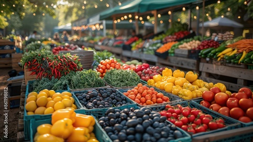 A vibrant summer market with vendors selling fresh produce, flowers, and handmade goods.