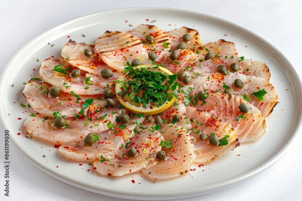 Carpaccio di Pesce: Raw Fish with Minced Parsley and Vibrant Colors Carpaccio di Pesce: Raw Fish with Minced Parsley and Vibrant Colors