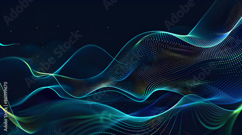 Vector abstract light lines wavy flowing dynamic in blue green colors isolated on black background for concept of AI technology, digital, communication, 5G, science, music © suldev