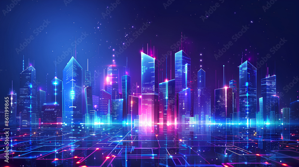 Vector illustration urban architecture, cityscape with space and neon light effect. Modern hi-tech, science, futuristic technology concept. Abstract digital high tech city design for banner background Vector illustration urban architecture, cityscape with space and neon light effect. Modern hi-tech, science, futuristic technology concept. Abstract digital high tech city design for banner background