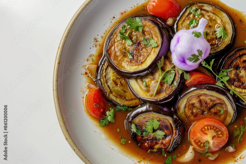 Fototapeta premium Charred Eggplant and Tomato Soup with Fresh Thyme and Cilantro