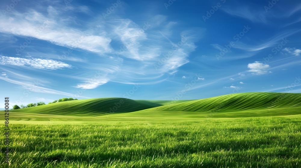 Fototapeta premium Green valley grass, meadow land and cloudy blue sky. horizontal, copy space background. 