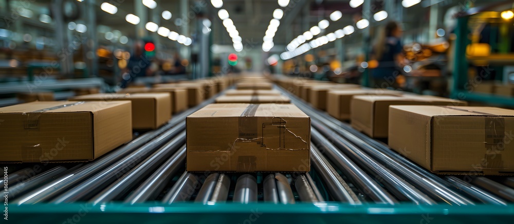 Cardboard box row on a conveyor belt.
