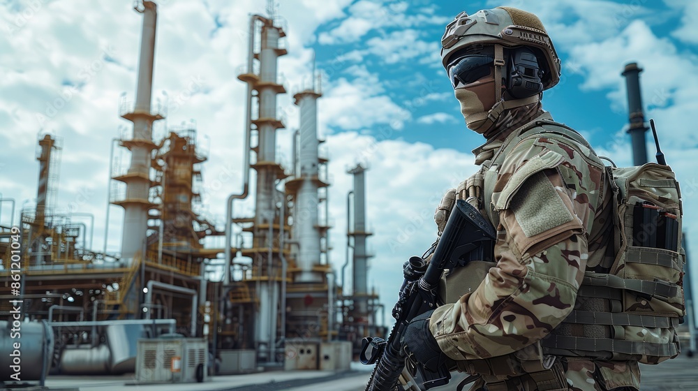 A soldier in full military uniform and weapon stands against the backdrop of a gleaming oil refinery on a bright sunny day, symbolizing its strategic significance. Generative AI. A soldier in full military uniform and weapon stands against the backdrop of a gleaming oil refinery on a bright sunny day, symbolizing its strategic significance. Generative AI.