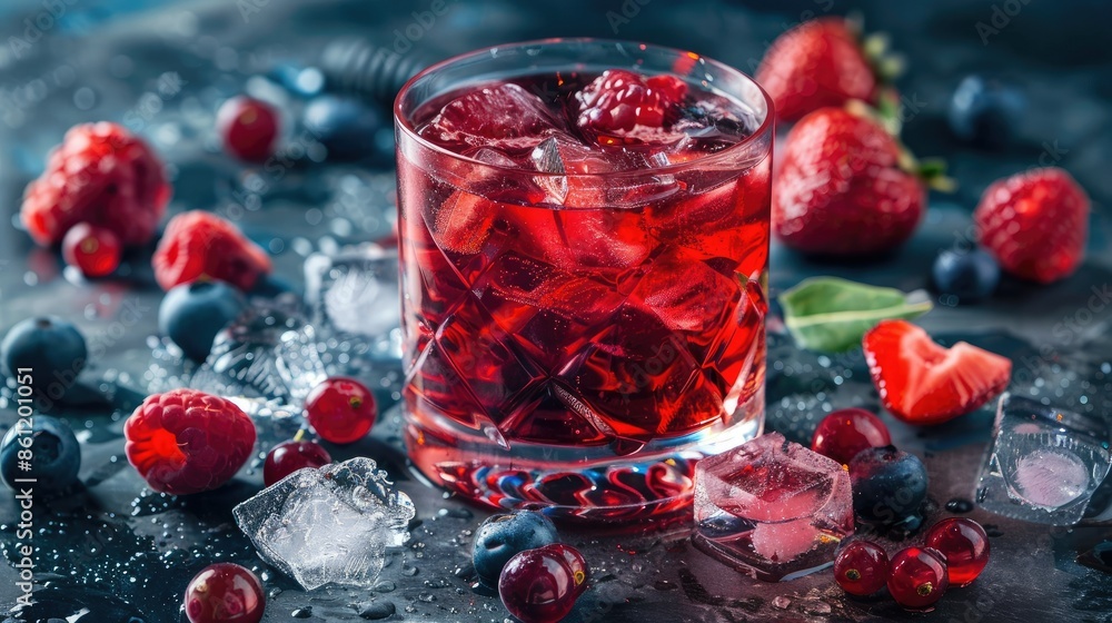 Colorful red cocktail featuring berry chunks and ice cubes, perfect for summer Colorful red cocktail featuring berry chunks and ice cubes, perfect for summer
