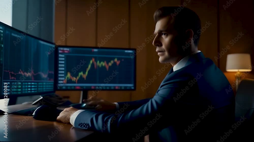 Man trader in front of monitors with a price chart in the office Man trader in front of monitors with a price chart in the office