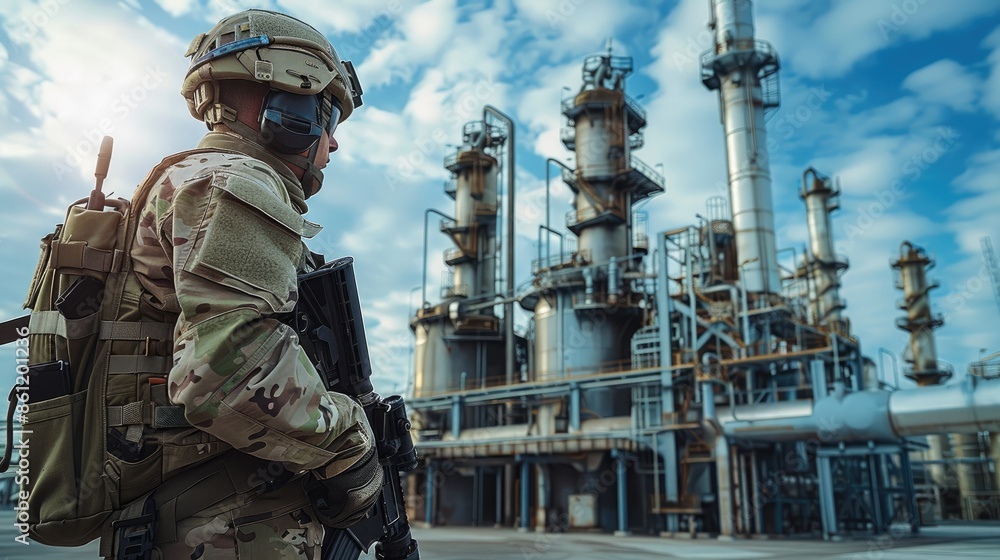 A soldier in full military uniform and weapon stands against the backdrop of a gleaming oil refinery on a bright sunny day, symbolizing its strategic significance. Generative AI. A soldier in full military uniform and weapon stands against the backdrop of a gleaming oil refinery on a bright sunny day, symbolizing its strategic significance. Generative AI.