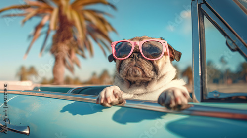 A portrait of an irresistibly cute and charming pug riding in an elegant convertible, with palm trees in the background on a sunny summer day, wearing pink sunglasses photo