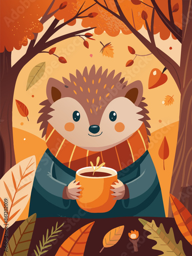 In the forest, a hedgehog is seen enjoying a cup of coffee. In a forest, a cute hedgehog is seen delicately holding a coffee cup. The scene appears to be straight out of a lovely painting, with a touc