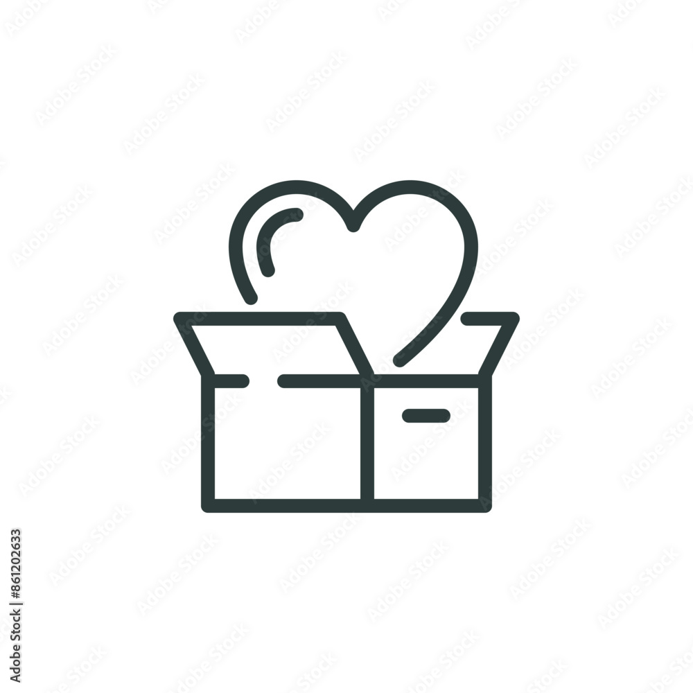 Thin outline icon open box with heart symbol inside. such line sign as charity, caring, donation box. Vector isolated pictogram on white background editable stroke.