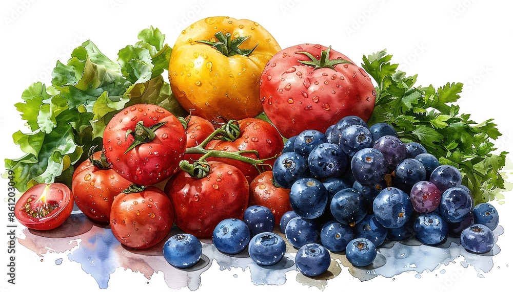 Vibrant watercolor painting of fresh tomatoes and blueberries with leafy greens, showcasing colorful and healthy organic fruits and vegetables. Vibrant watercolor painting of fresh tomatoes and blueberries with leafy greens, showcasing colorful and healthy organic fruits and vegetables.