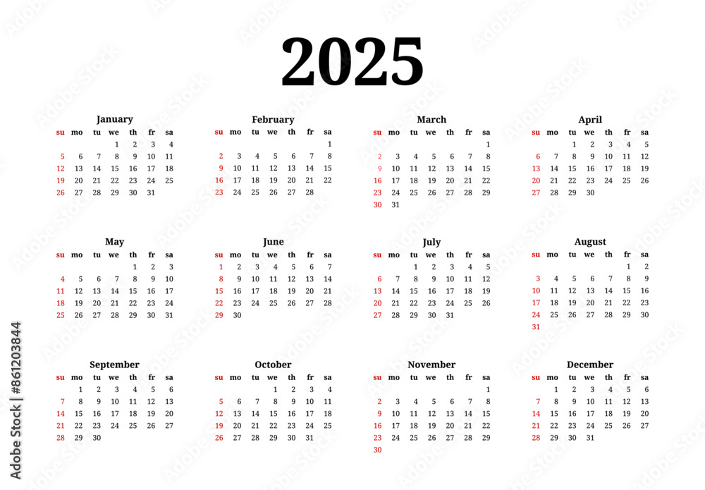 Calendar for 2025 isolated on a white background Calendar for 2025 isolated on a white background