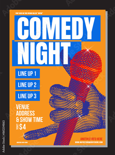 Stand Up Comedy Night! (Flat Style Vector Illustration Performance Show Poster Design) With Text Box Template, and hand with microphone illustration