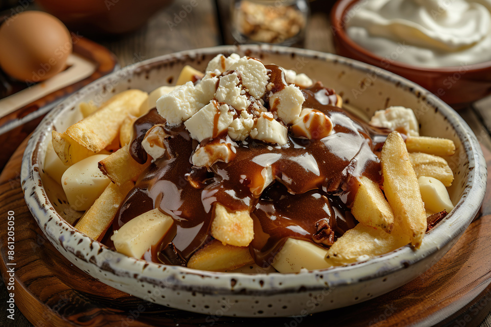 A bowl of french fries with gravy and cheese on top A bowl of french fries with gravy and cheese on top