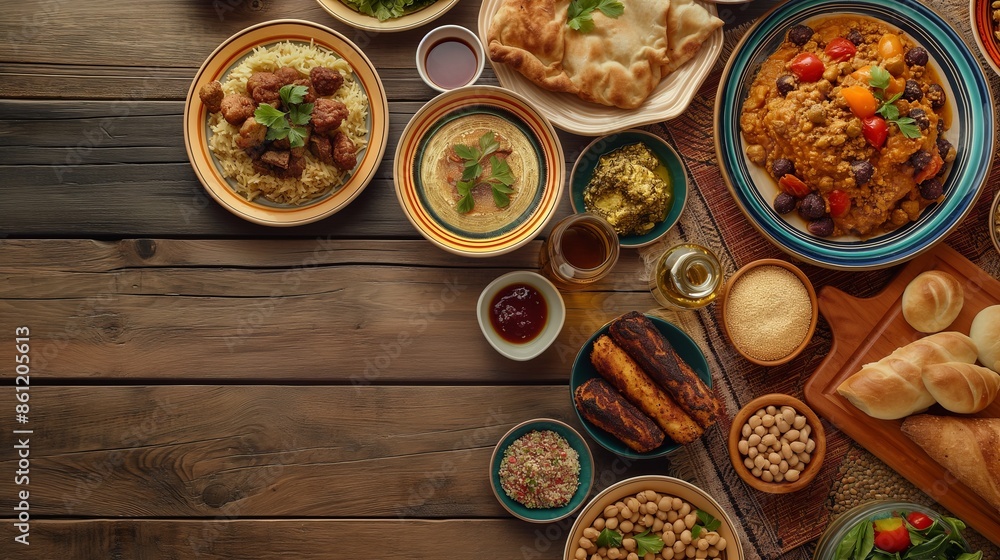 This image features a variety of ethnic dishes spread across a rustic wooden table, highlighting the richness of cultural cuisine. This image features a variety of ethnic dishes spread across a rustic wooden table, highlighting the richness of cultural cuisine.