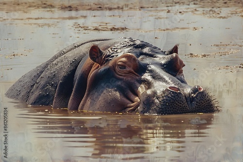 A hippo is swimming in a body of water