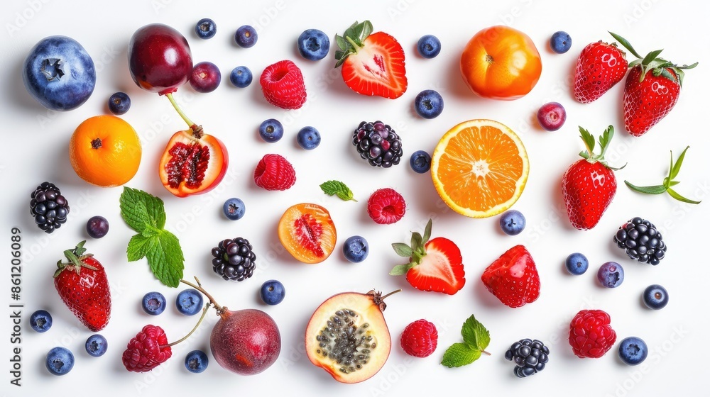 Top view of assorted fresh fruits and berries neatly arranged on a white background