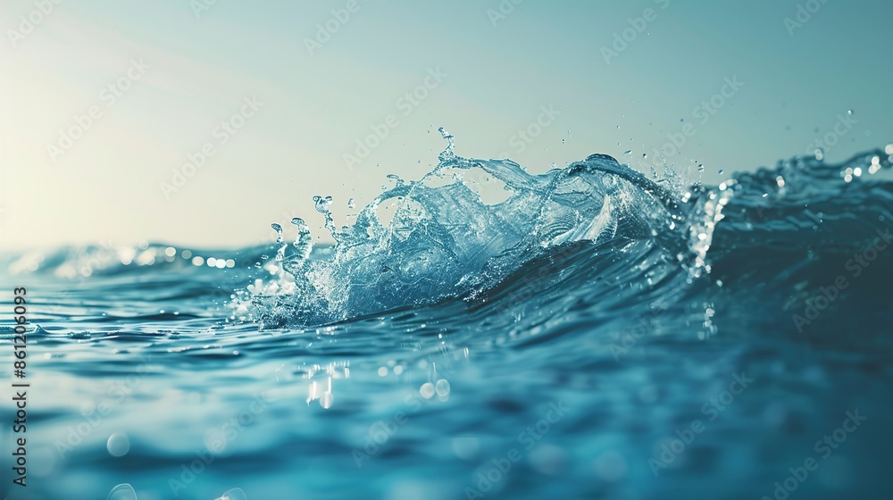 Obraz premium Water wave, splash of water on light blue background, high resolution photography.