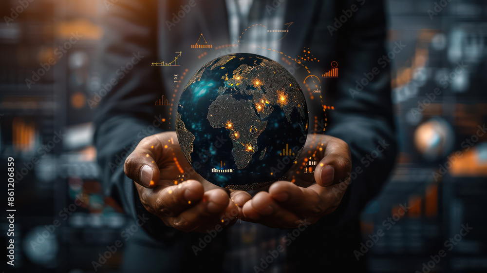 Fototapeta premium Businessman's hands holding a glowing globe, global business strategies with charts and graphs projected. Digital technology world security system, big data analytic future technology