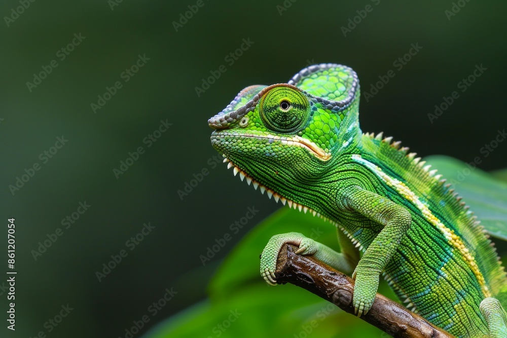 Fototapeta premium A bright green flapped neck chameleon in side view close up sitting on a branch with eyes at a weird and funny angle