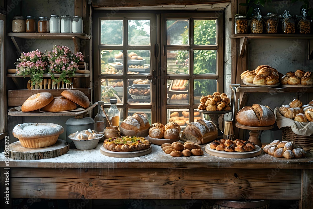 Fototapeta premium Traditional bakery tools in rustic setting.