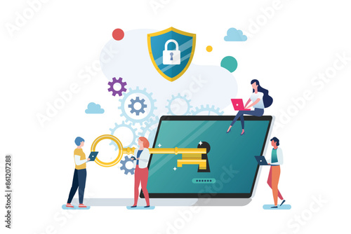 People with Gold key try to unlock laptop. Shield security protection.