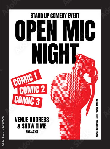 Open mic night flyer or placard template. Stand up comedy show poster. Drawing artworks retro microphone with grenades or bomb, Typography banner design. Vector eps illustration