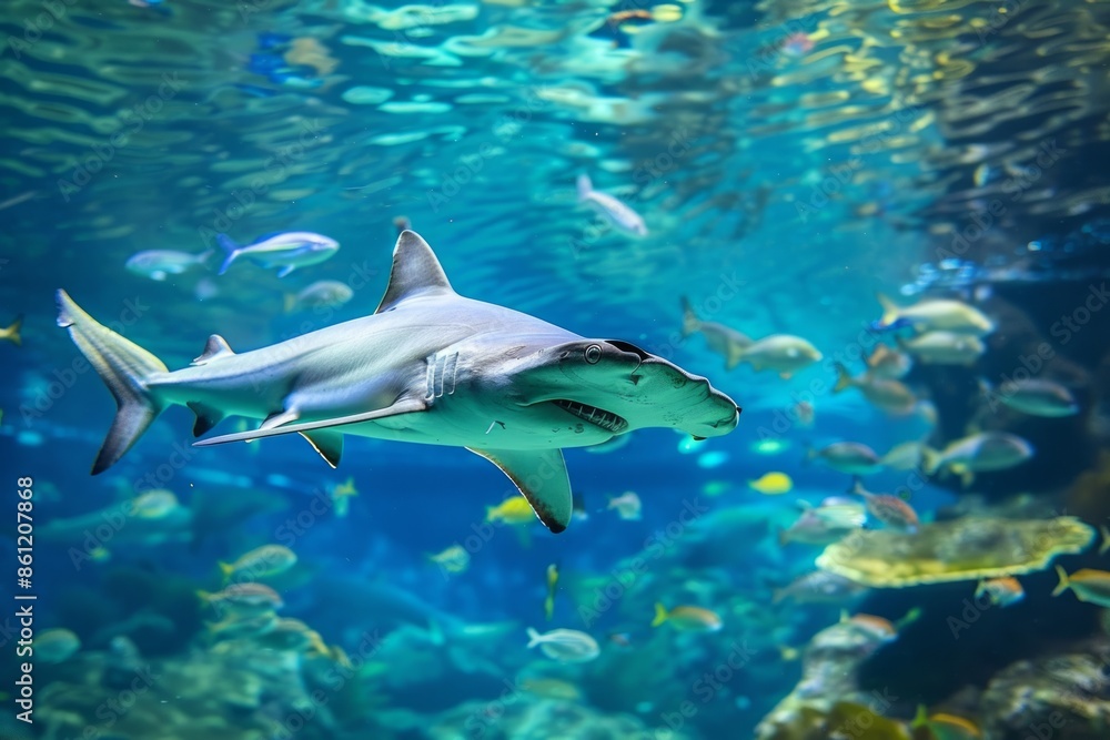 a hammerhead shark swims toward the viewer with a school of fish around it in the blue water a hammerhead shark swims toward the viewer with a school of fish around it in the blue water