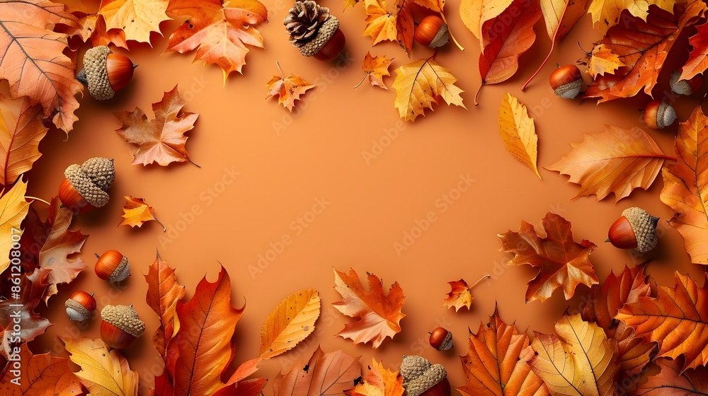 Autumn Leaves and Acorns Nature Frame on Warm Orange Background Autumn Leaves and Acorns Nature Frame on Warm Orange Background