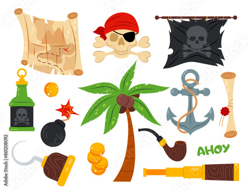 Pirates. Set of different pirate items in flat style on a white background. Cartoon illustration. Palm tree, pirate flag, ship anchor and more.