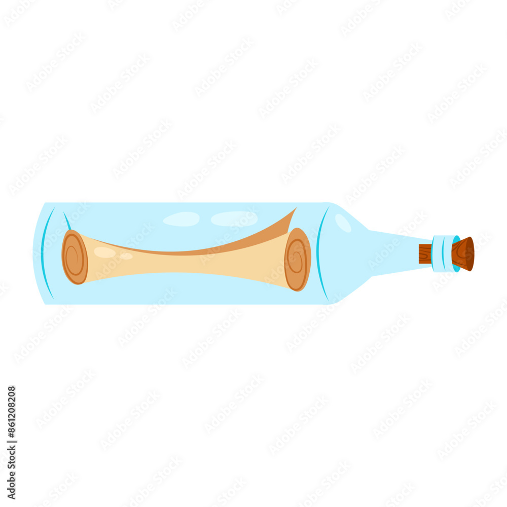Scroll of old paper in a glass bottle. Message in a bottle. Marine clipart on a white background. Cartoon illustration in flat style. Scroll of old paper in a glass bottle. Message in a bottle. Marine clipart on a white background. Cartoon illustration in flat style.