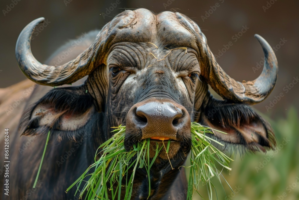 Naklejka premium A male cape buffalo close up of face. Bull stands at attention with a mouth full of grass looking silly funny humorous and menacing