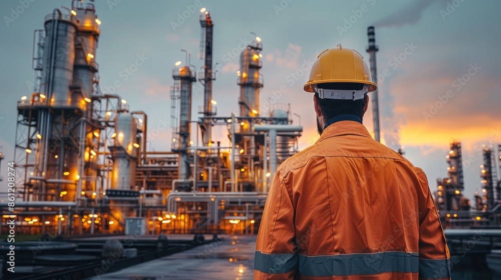 An oil refinery engineer is working at the front of an oil and gas industrial factory. Generative AI. An oil refinery engineer is working at the front of an oil and gas industrial factory. Generative AI.