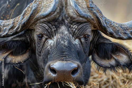 A male cape buffalo close up of face. Bull stands at attention with a mouth full of grass looking silly funny humorous and menacing © Straxer