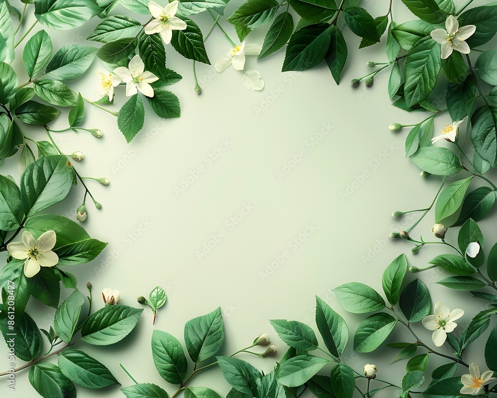 Fototapeta premium Botanical Nature Frame with Green Leaves and Flowers on Light Background for Design Template