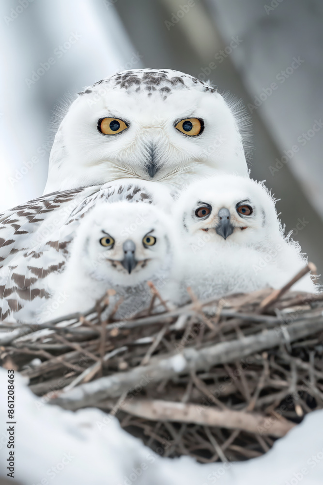 Obraz premium Mother snowy owl protecting chicks in nest